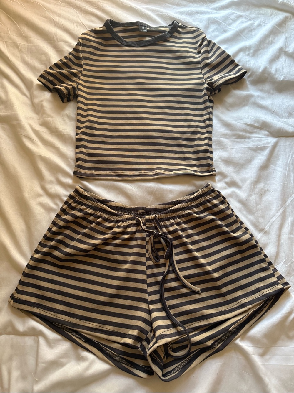 SHEIN Beige and Black Striped Crop Top & Shorts Set